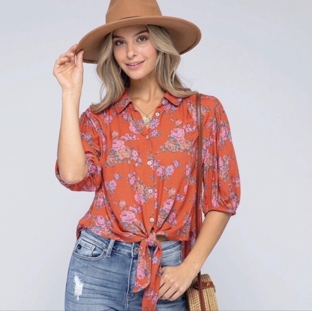 Free People Floral Button-down Cropped Blouse L